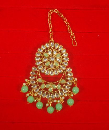 Imitation Jewelry Trending Wedding Wear Designer Golden Light Green Maang Tikka For Bridal EM64