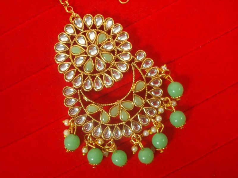 Imitation Jewelry Trending Wedding Wear Designer Golden Light Green Maang Tikka For Bridal EM64