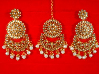 Imitation Jewelry Trending Wedding Wear Designer Golden White Maang Tikka Earring Set For Bridal EM66