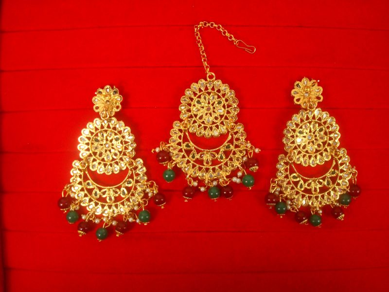 Imitation Jewelry Wedding Wear Designer Green Maroon Maang Tikka Earring Set For Bridal EM58