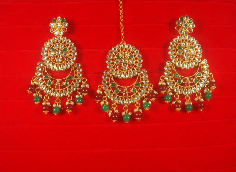 Imitation Jewelry Wedding Wear Designer Green Maroon Maang Tikka Earring Set For Bridal EM58