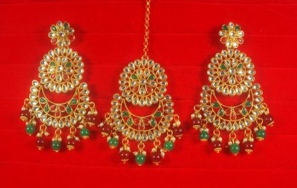 Imitation Jewelry Wedding Wear Designer Green Maroon Maang Tikka Earring Set For Bridal EM58