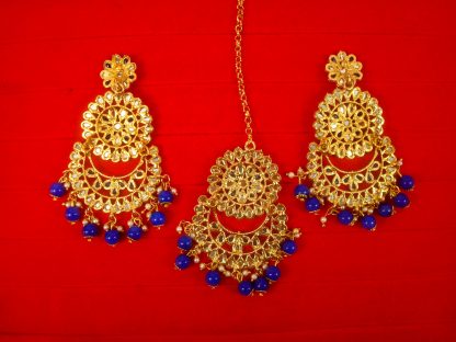 Imitation Jewelry Wedding Wear Designer Royal Blue Golden Maang Tikka Earring Set For Bridal Back View EM62