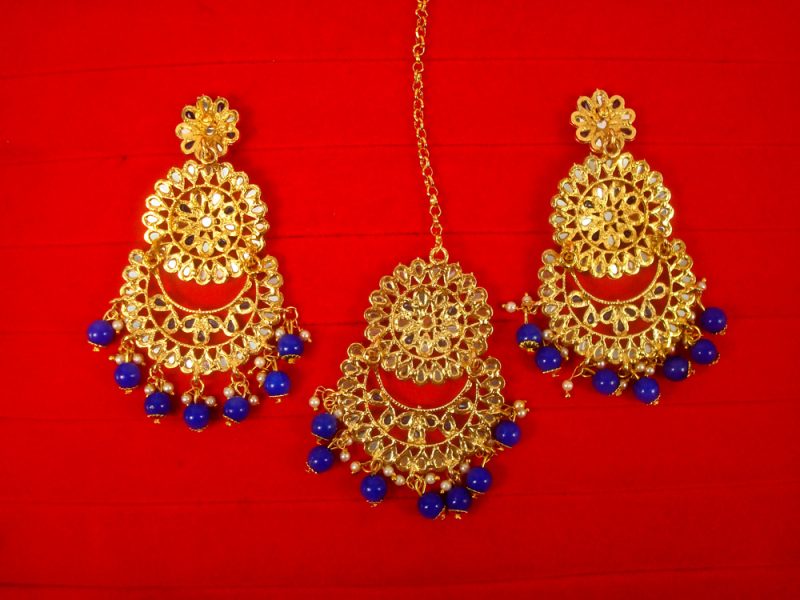 Imitation Jewelry Wedding Wear Designer Royal Blue Golden Maang Tikka Earring Set For Bridal Back View EM62