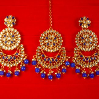 Imitation Jewelry Wedding Wear Designer Royal Blue Golden Maang Tikka Earring Set For Bridal EM62