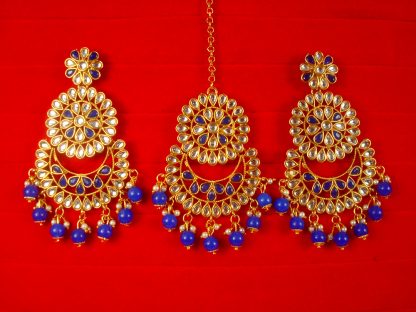 Imitation Jewelry Wedding Wear Designer Royal Blue Golden Maang Tikka Earring Set For Bridal EM62