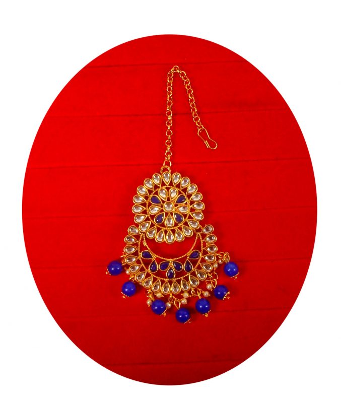 Imitation Jewelry Wedding Wear Designer Royal Blue Golden Maang Tikka For Bridal EM62