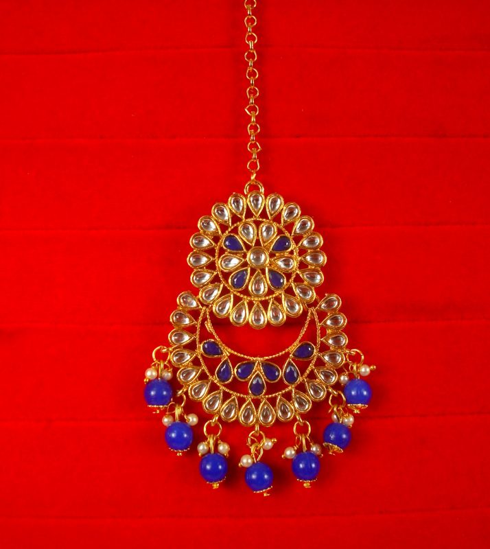 Imitation Jewelry Wedding Wear Designer Royal Blue Golden Maang Tikka For Bridal EM62