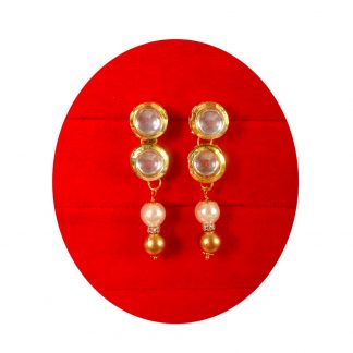 Fashion Jewelry Daily Wear Round Kundan Earring Hanging Golden Creamy Pearl Gift For Her TE40