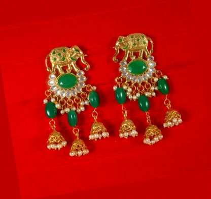 Fashion Jewelry Green Stylish Elephant Pearl Jhumki Earrings for Women and Girls TE42