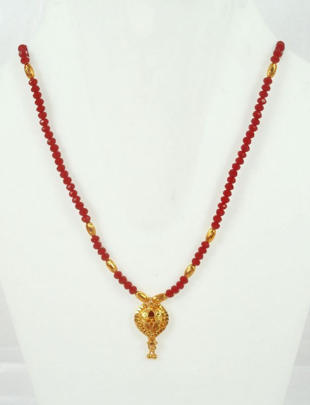 Fashion Jewelry Round Small Golden Pendant Light Weighted Sleek Mangalsutra With Maroon Beaded Chain Gift For Her GM33 