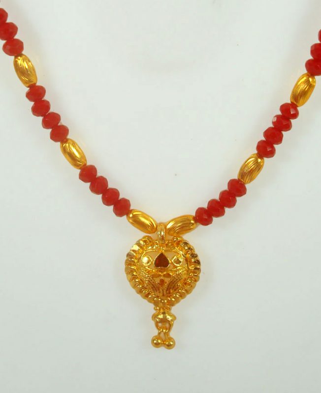 Fashion Jewelry Round Small Golden Pendant Light Weighted Sleek Mangalsutra With Maroon Beaded Chain Gift For Her GM33