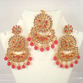 Fashion Jewelry Trending Wedding Wear Designer Golden Pink Maang Tikka Earring Set For Bridal EM59