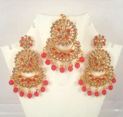 Fashion Jewelry Trending Wedding Wear Designer Golden Pink Maang Tikka Earring Set For Bridal EM59