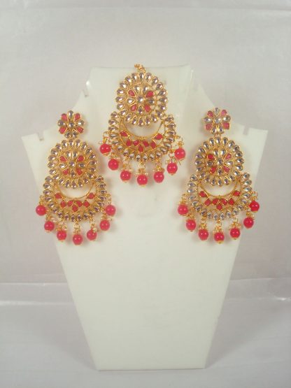 Fashion Jewelry Trending Wedding Wear Designer Golden Pink Maang Tikka Earring Set For Bridal EM59