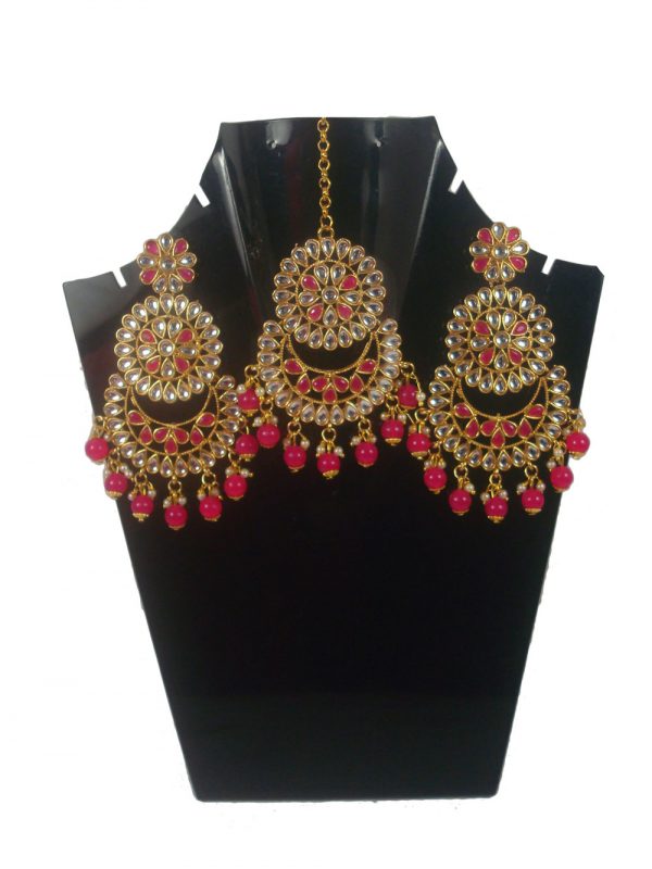 Fashion Jewelry Trending Wedding Wear Designer Golden Pink Maang Tikka Earring Set For Bridal EM59